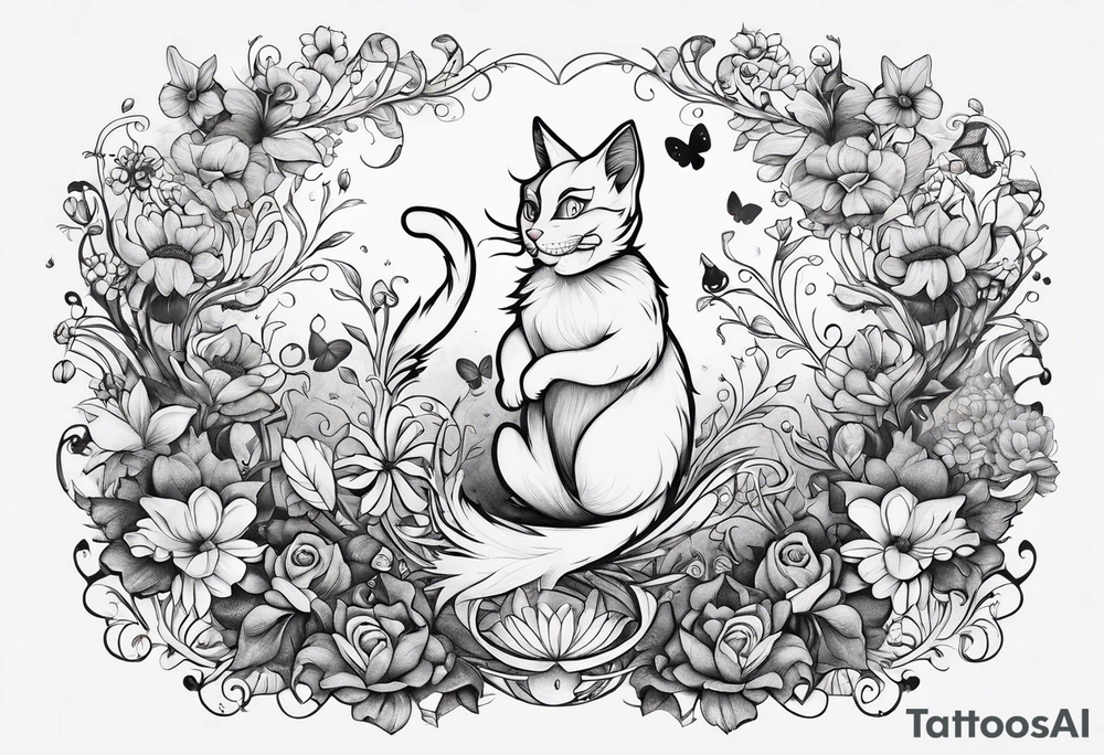 alice in wonderland dancing among magical flowers tim burton style cheshire cat tattoo idea