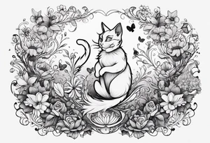 alice in wonderland dancing among magical flowers tim burton style cheshire cat tattoo idea