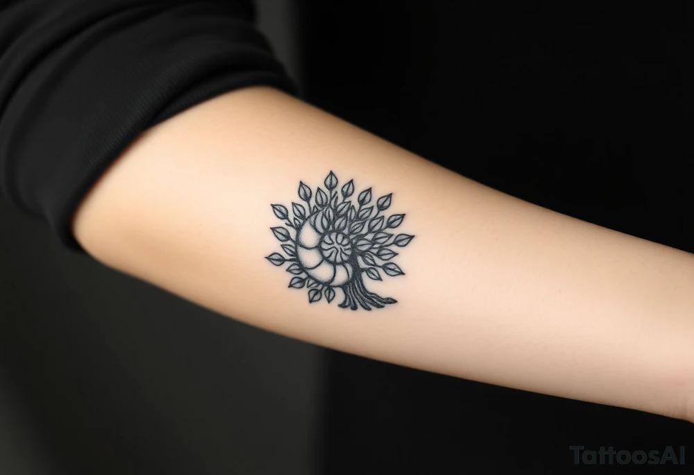 Fibonacci spiral shell inside of tree full of lots of leaves tattoo idea