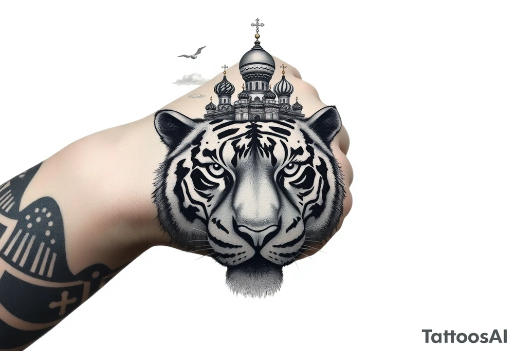 Realistic tiger face on the back of the hand with strong contrast and fine detail with hollow black eyes. with a highly detailed Russian Orthodox cathedral sitting above on fore arm with onion domes and orthodox crosses, done in fine line, engraving-like style. Cohesive composition, black ink only, no color, high contrast, slightly aged, documentary-style, plain light background. with clouds above and a virgin mary tattoo idea