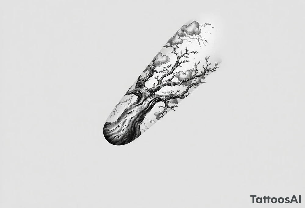 right arm sleeve, giant tree branch made of stone, clouds and lightning mixed throughout, tattoo idea