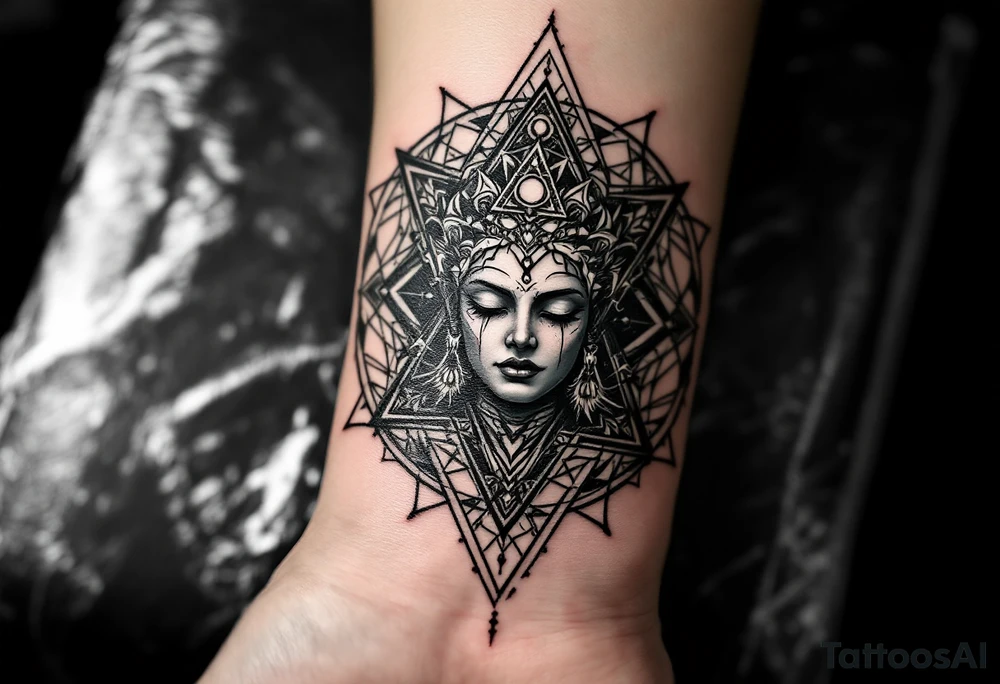 dmt enlightenment deity with sacred geometry behind tattoo idea