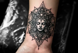 dmt enlightenment deity with sacred geometry behind tattoo idea