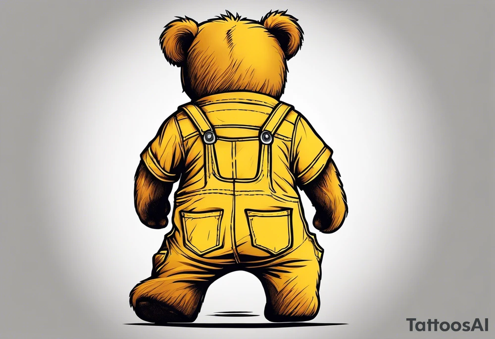 the back of a standing, skinny, brown ,
teddy bear in long, yellow overalls tattoo idea