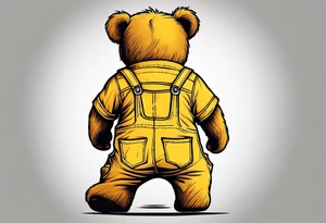 the back of a standing, skinny, brown ,
teddy bear in long, yellow overalls tattoo idea