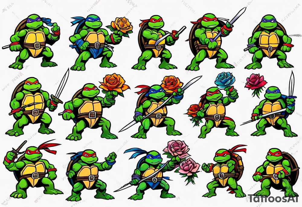 teenage mutant ninja turtles fighting with floral accents tattoo idea