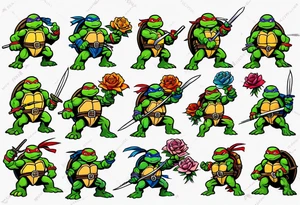 teenage mutant ninja turtles fighting with floral accents tattoo idea