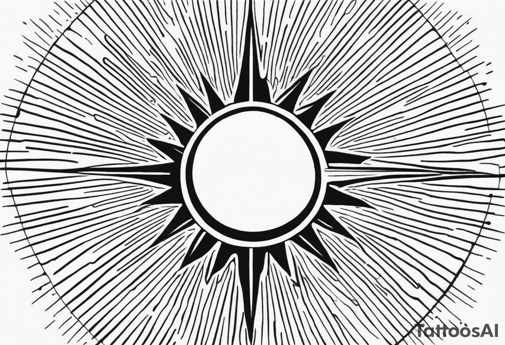 a mixture of minimalist/fine line/tribal tattoo design that is mainly minimalist with fine lines. unique Design of the sun that resembles a connection to the sun. It further resembles the sun's energy. Make it simple to draw and focus on the rays of sunshine tattoo idea