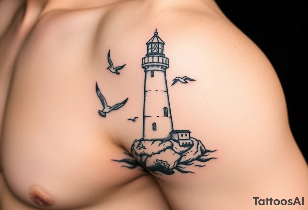 upper arm tattoo sea with lighthouse surrounded by seagulls tattoo idea