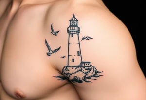 upper arm tattoo sea with lighthouse surrounded by seagulls tattoo idea