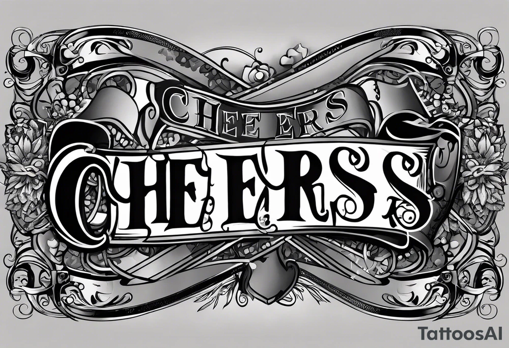 "Cheers Mate" text black and grey ink armband, intricate, artistic +abstract +grey Cancer Ribbon tattoo idea