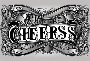 "Cheers Mate" text black and grey ink armband, intricate, artistic +abstract +grey Cancer Ribbon tattoo idea
