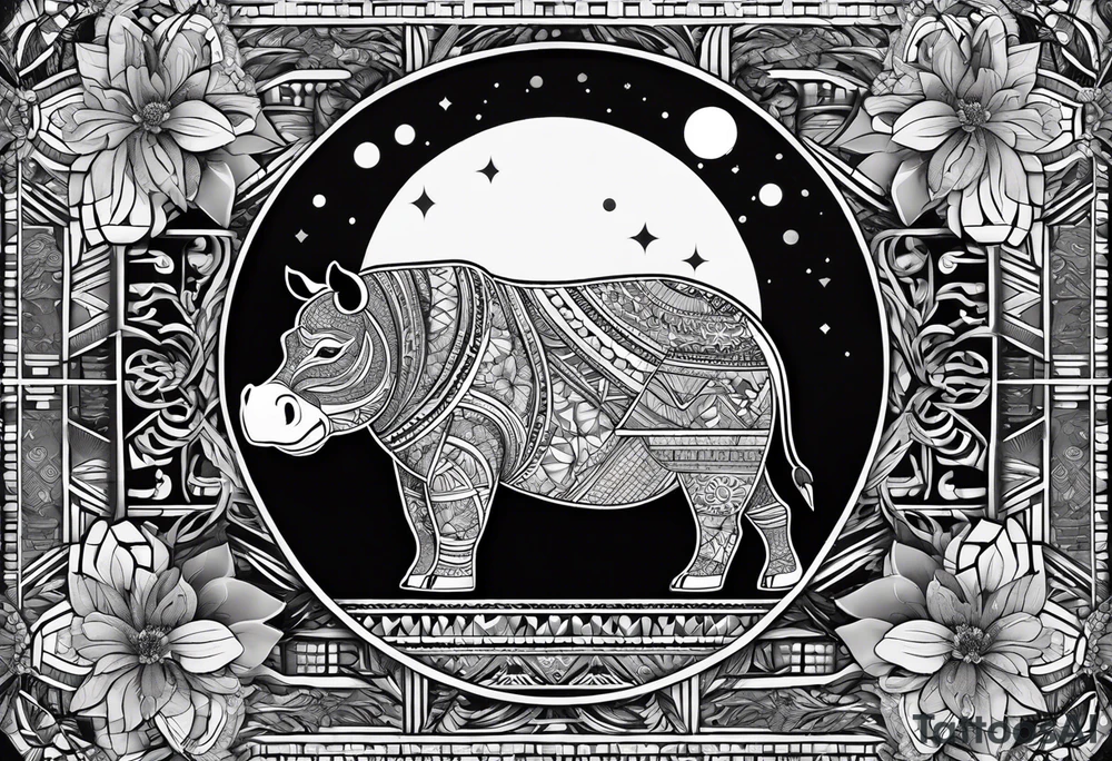 Very asymmetrical, +geometric pattern, with realistic full moon, with hippo,+tribal, +geometric, +inkart , +blackwork, +grey scale, + sketch
with wintersweet flower bud, +inkart touch, +for men, detailed , combined favourite , tattoo idea