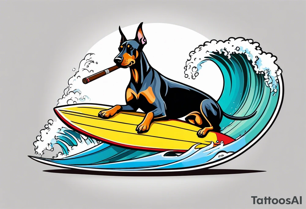 doberman smoking a cigar on a surfboard tattoo idea