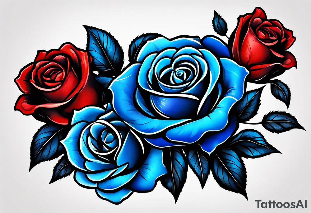 Water fall Colored blue and red roses tattoo idea