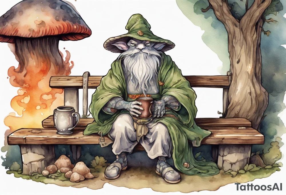 a mushroom-creature wearing a  medieval tunic sitting on a bench by a fireplace drinking from a wood cup, smiling tattoo idea