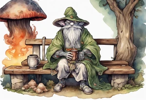 a mushroom-creature wearing a  medieval tunic sitting on a bench by a fireplace drinking from a wood cup, smiling tattoo idea