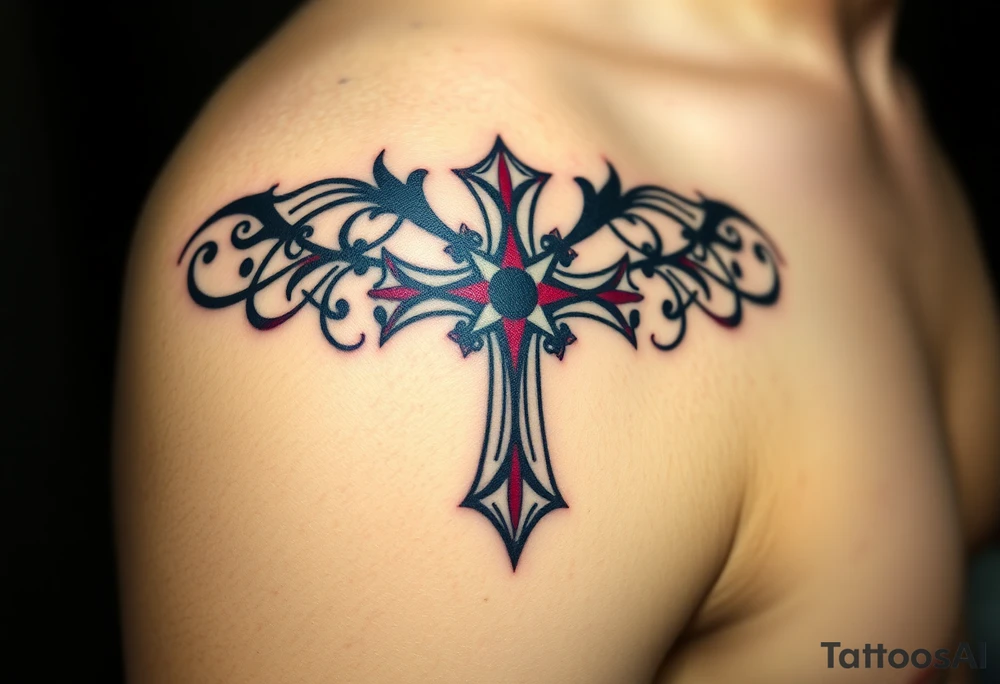 A Gothic-style Maltese cross with dark crimson shading and intricate baroque filigree, evoking mystery and power tattoo idea