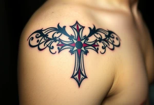 A Gothic-style Maltese cross with dark crimson shading and intricate baroque filigree, evoking mystery and power tattoo idea