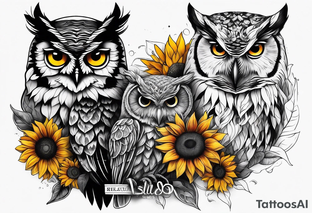 Arm sleeve with colorful sunflowers and an owl tattoo idea