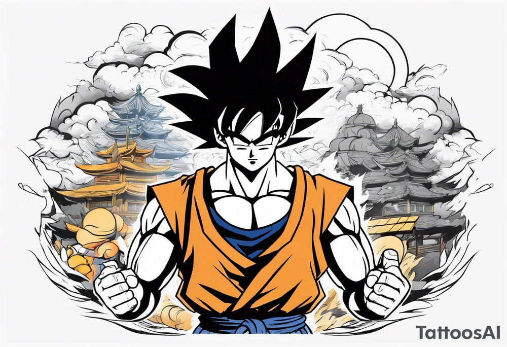Son-Goku as a super saiyajin . A huge dragonball surrounds the whole scenery. Gokus friends are surrounding him as shadows tattoo idea