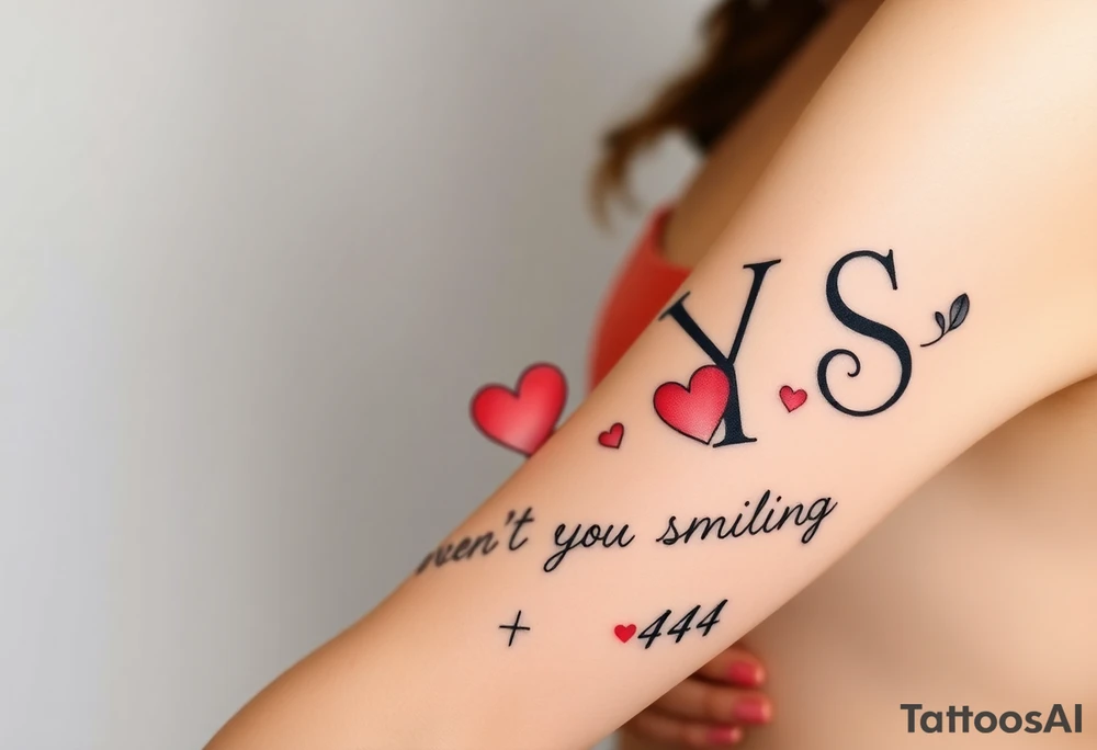 W.A.Y.S spelled out with why aren’t you smiling under neath it with hearts with 444 tattoo idea