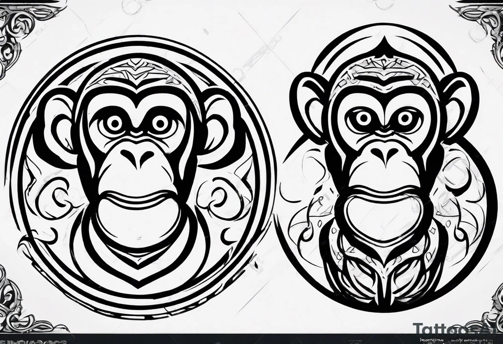 Create a tribal cartoon monkey outline in a small circle tattoo idea