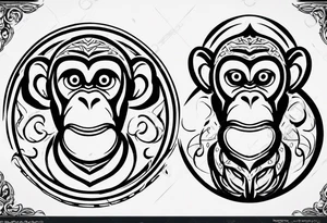 Create a tribal cartoon monkey outline in a small circle tattoo idea