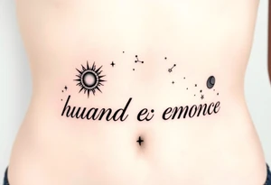 celestial sun and moon embrace with constellation patterns tattoo idea