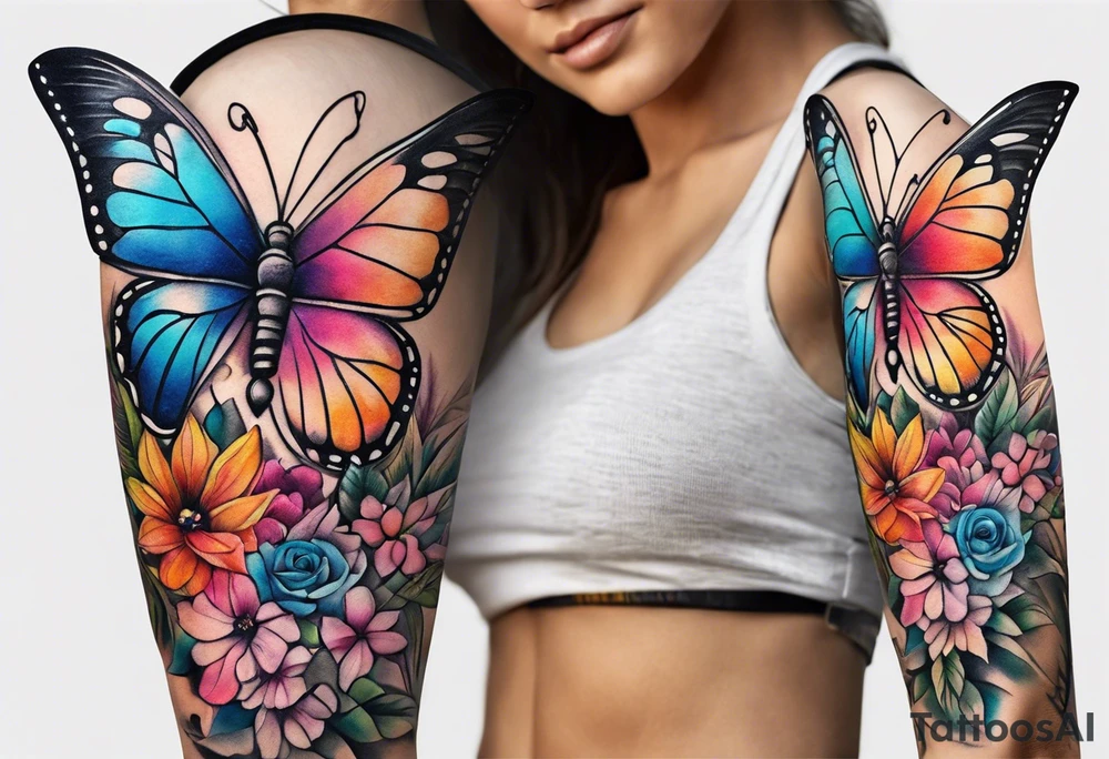 arm sleeve with dreamcatcher, rainbow flowers and one butterfly tattoo idea