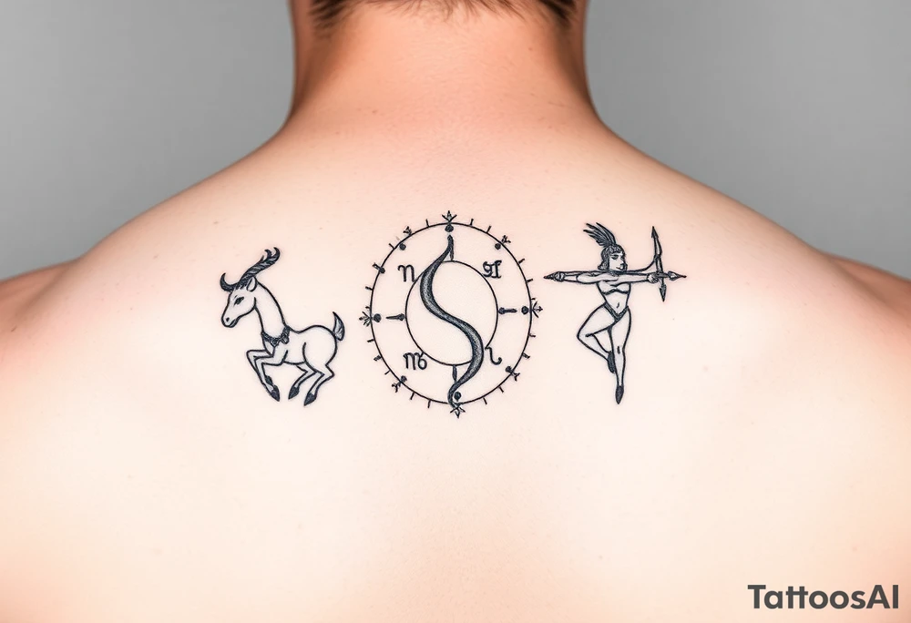 Simple line art tattoo that incorporates the zodiac signs Capricorn, Gemini, and Sagittarius— no shading— beginner friendly tattoo idea