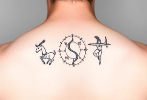 Simple line art tattoo that incorporates the zodiac signs Capricorn, Gemini, and Sagittarius— no shading— beginner friendly tattoo idea