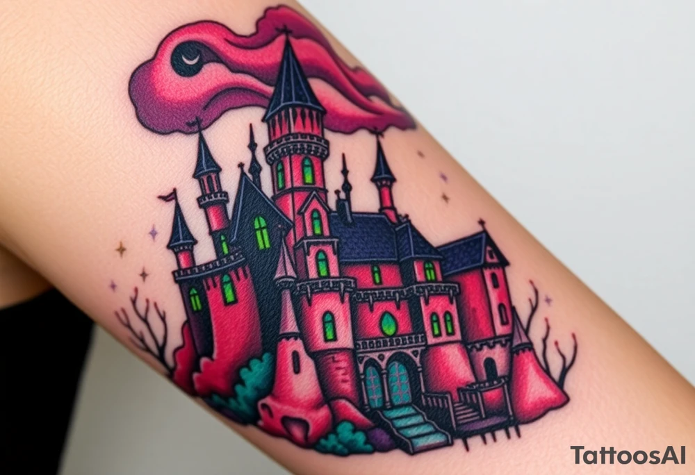 Tim Burton’s disney sleeping beauty’s haunted castle is abandoned and dripping with muted reds, dusty pinks, and eerie green glow.purple and cyan smokey clouds swirl in the crescent moonlit sky thats sprinkled with stars tattoo idea tattoo idea