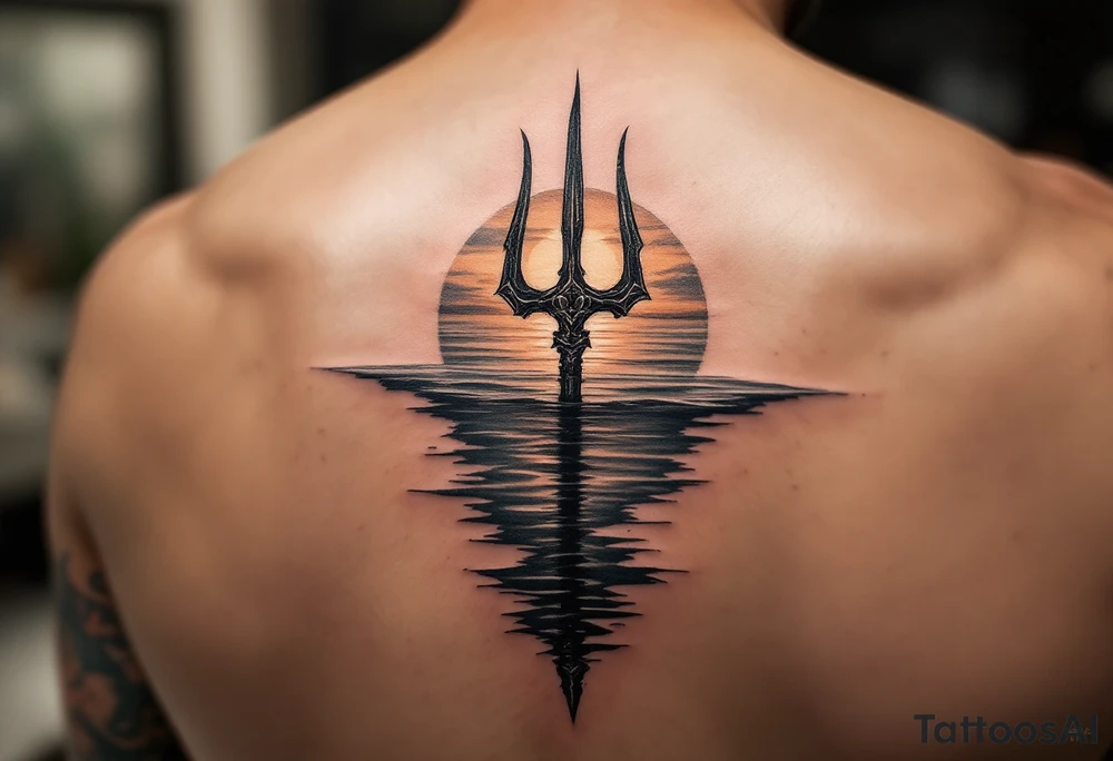 trident half way under calm water with sunset tattoo idea