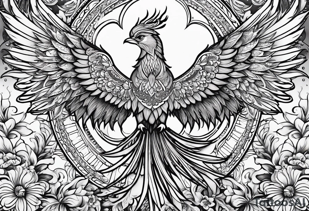 Tribal bohemian feminine impowering Phoenix rising with smoke, mandala sun, floral, lace background tattoo idea