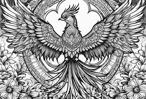 Tribal bohemian feminine impowering Phoenix rising with smoke, mandala sun, floral, lace background tattoo idea