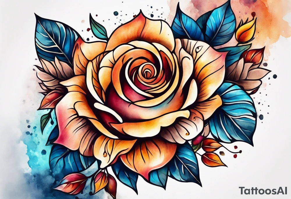 Front knee tattoo with fall colors, small flowers, rose, leaves, blue water flows with washes and background tattoo idea