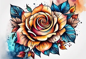 Front knee tattoo with fall colors, small flowers, rose, leaves, blue water flows with washes and background tattoo idea