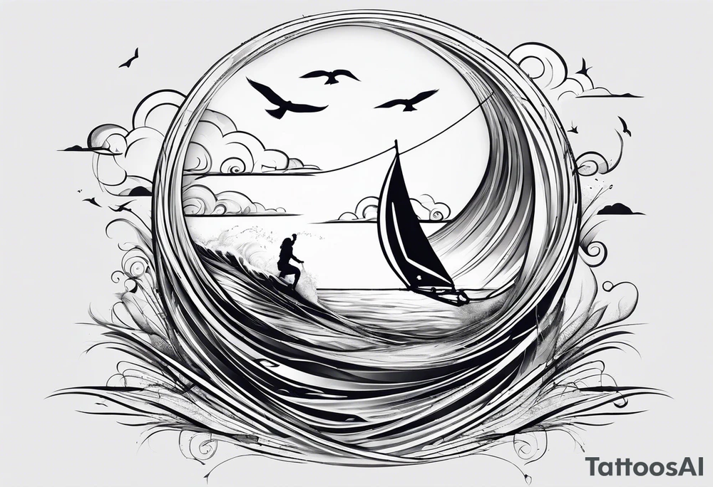 I want a very thin tattoo of a kitesurfer with a heart-shaped sail inflated by the wind. tattoo idea