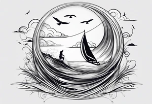 I want a very thin tattoo of a kitesurfer with a heart-shaped sail inflated by the wind. tattoo idea