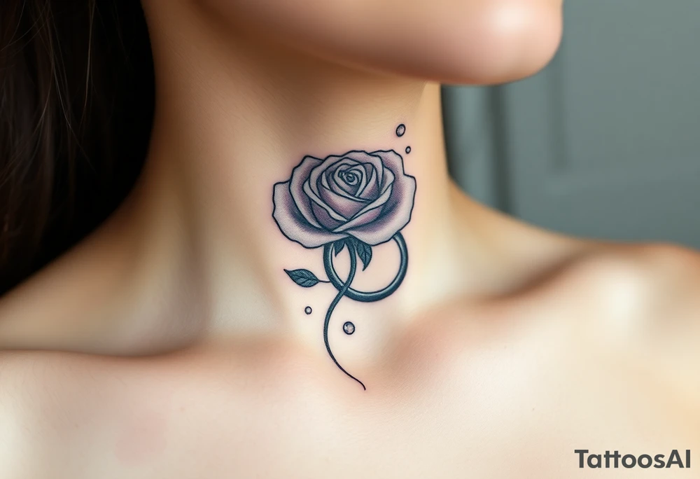 A minimalist blooming rose wrapped around a two wedding rings, with dewdrops reflecting light tattoo idea