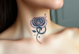 A minimalist blooming rose wrapped around a two wedding rings, with dewdrops reflecting light tattoo idea