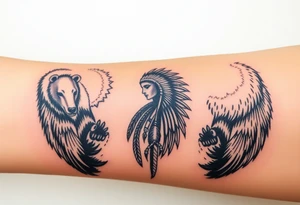 Indigenous, Majestic, and Powerful male Goliath Grizzly Bears guarding a Magestic and Powerful Raven haired Warrior Squaw tattoo idea