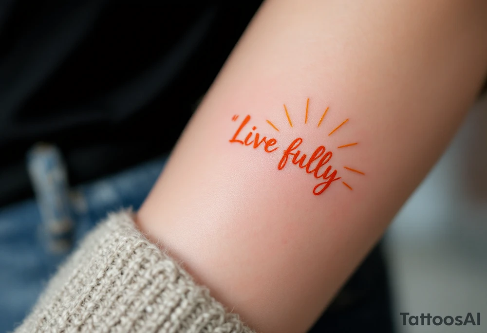 “Live fully” in bright coral ink, with yellow sun rays stretching outward. tattoo idea