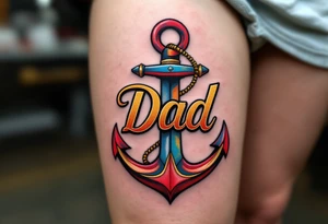 A colorful anchor with “Dad” in old-school lettering and gold shading. tattoo idea