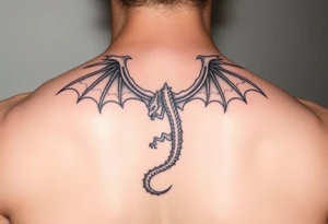 Powerful dragon wings closed crawling up leg tattoo idea