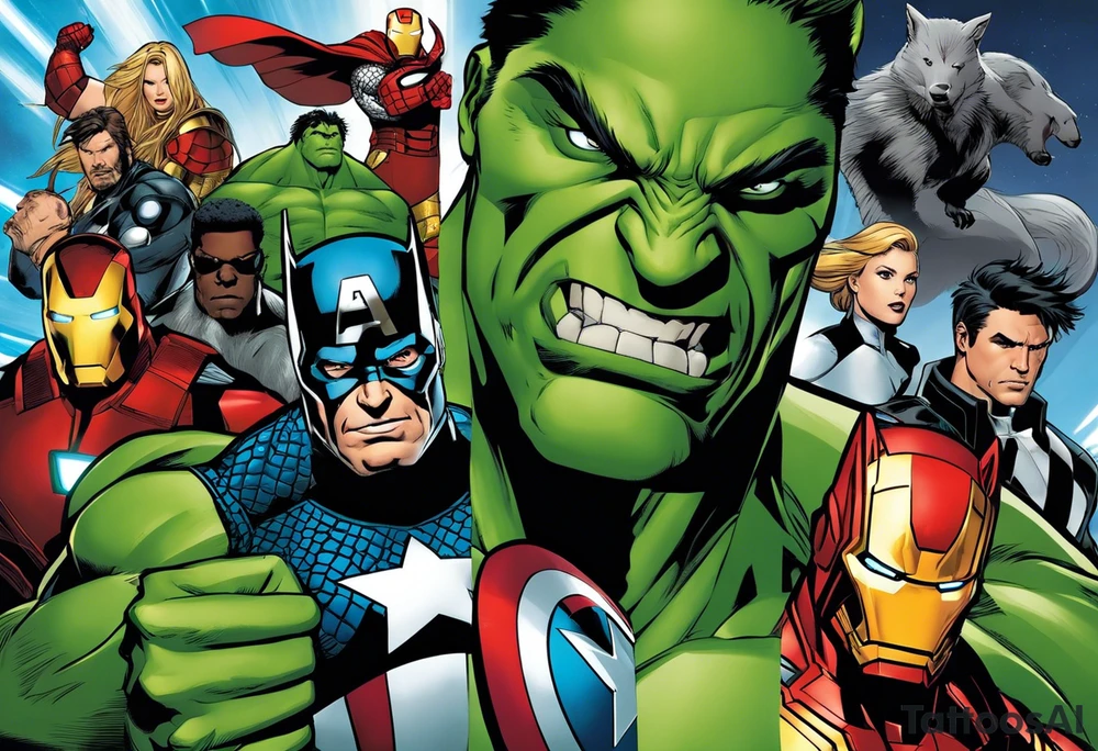 I want to change Avengers Team characters with animals. Hulk will be represented by a Badger.
Thor will be depicted as an Alpha Grey Wolf.
Captain America will be symbolized by a Bull.
Iron Man's character will be embodied by a Canary.
Black Widow's role will be portrayed by an Axolotl.
Hawkeye will be depicted as a Sudan Plated Lizard.
Nick Fury will be represented by a Cat. tattoo idea