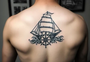 a ship in stormy seas,under it a compass. tattoo idea
