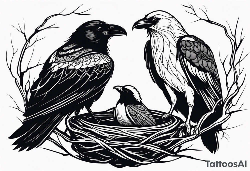 raven and osprey sharing nest tattoo idea