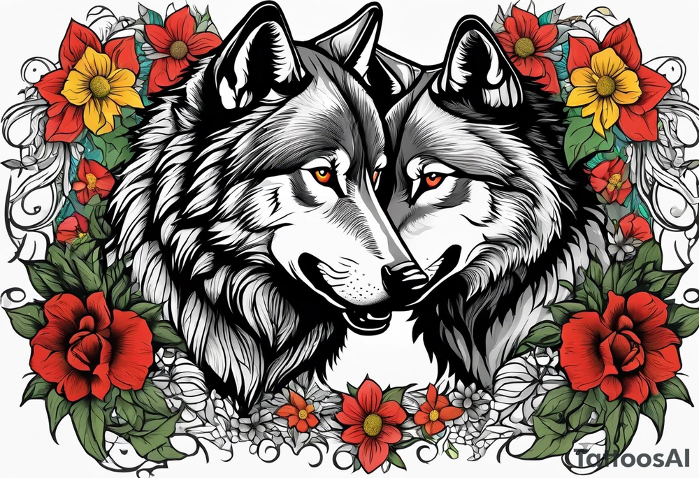 Two wolves face each other.  One wolf snarls, surrounded by thorns, the other has a serene expression, surrounded by colorful wildflowers.  Bold outlines, limited palette: red, yellow, green, black. tattoo idea